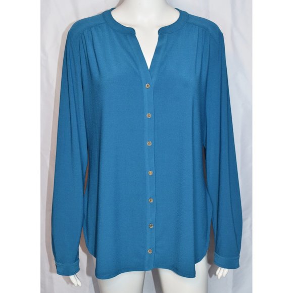 Susan Graver Liquid Knit Blue Button Front Long Sleeve Shirt Ornate Buttons  M - Picture 1 of 8